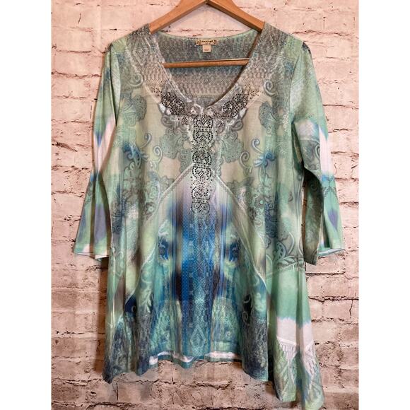 Energe World Wear Top Womens XL Turquoise Sequins Tie Dye Boho Hippie Stretch - Picture 1 of 14